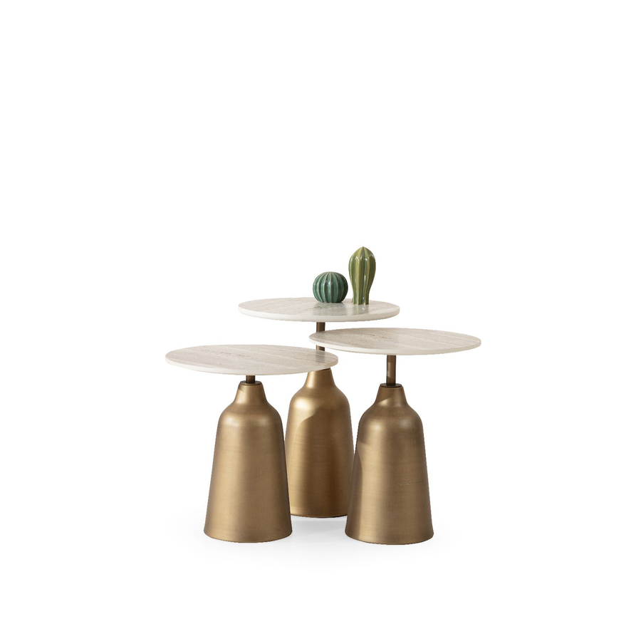 Beige Zigon Sehpa – 3’lü Set – Beyaz / Pirinç Ayak